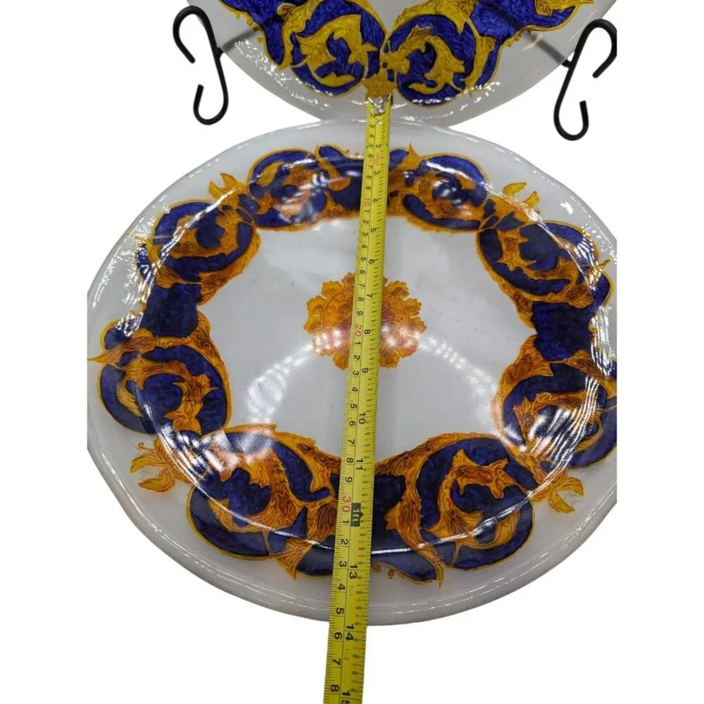 Vintage Singl3 Glass Decorative Plate w Blue Gold Hand Painted Versace Style 14